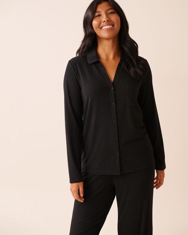 la Vie en Rose Ribbed Modal Button-down Shirt - Black S