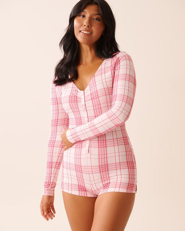 la Vie en Rose Pink Plaid Super Soft Long Sleeve Romper - Pink Plaid XS