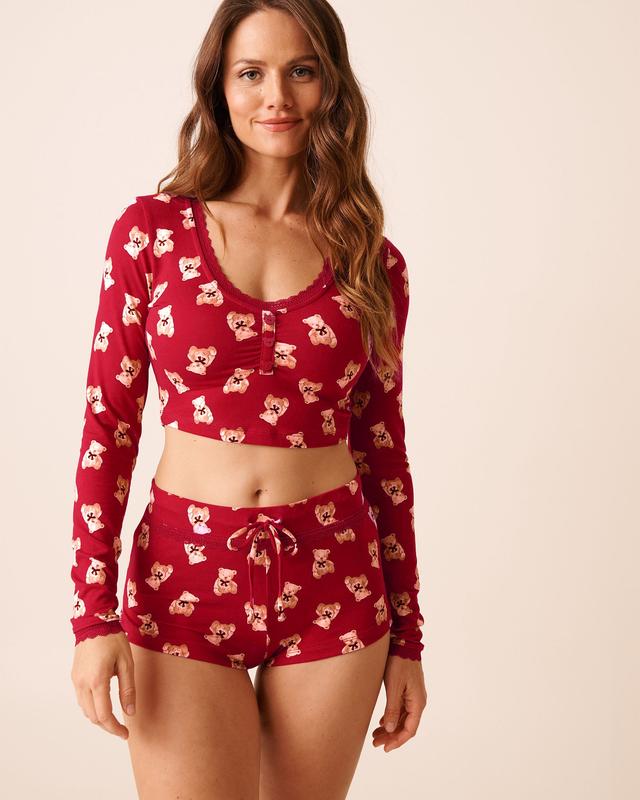 la Vie en Rose Teddy Bear Print Super Soft Long Sleeve Crop Top - Red/Teddy Bears XS
