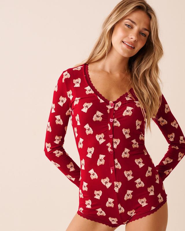 la Vie en Rose Teddy Bear Print Super Soft Long Sleeve Romper - Red/Teddy Bears S