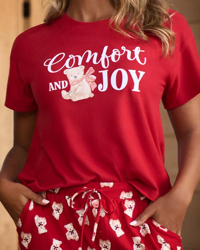 la Vie en Rose Teddy Bear Print Recycled Fibers T-shirt - Red/Teddy Bears XS