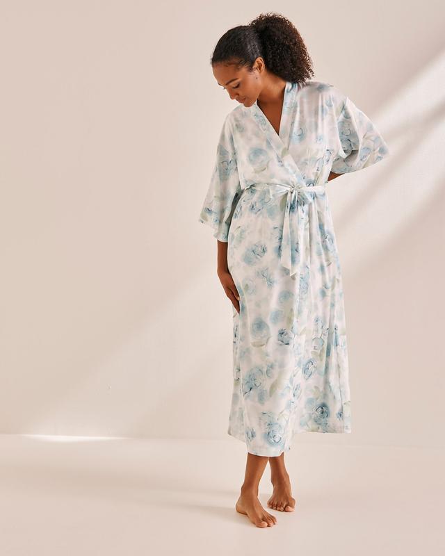 la Vie en Rose Blue Rose Print Long Satin Kimono - Blue Rose M