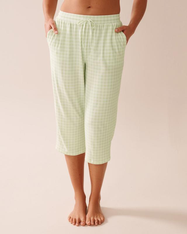 la Vie en Rose Gingham Print Super Soft Pajama Capris - Green Gingham M