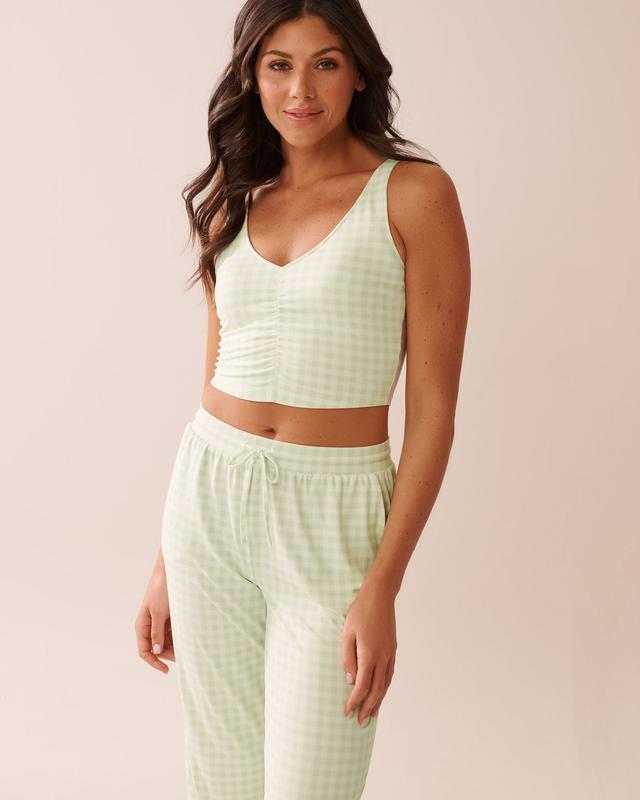 la Vie en Rose Gingham Print Super Soft Crop Cami - Green Gingham L