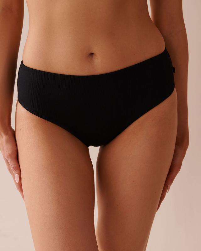 la Vie en Rose SOLID Recycled Fibers Ribbed Mid-rise Cheeky Bikini Bottom - Black XXL