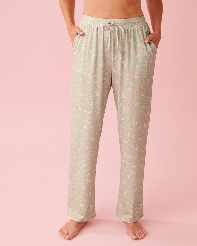 la Vie en Rose Cherry Blossom Print Super Soft Pajama Pants - Mineral Green L