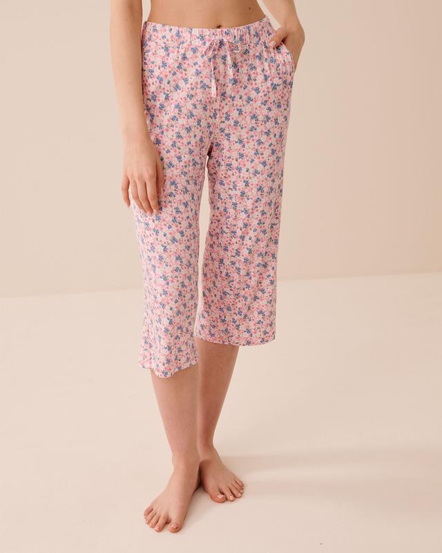 la Vie en Rose Bloom & Berry Print Soft Jersey Pajama Capris - Pink Flowers/Blueberries XXL