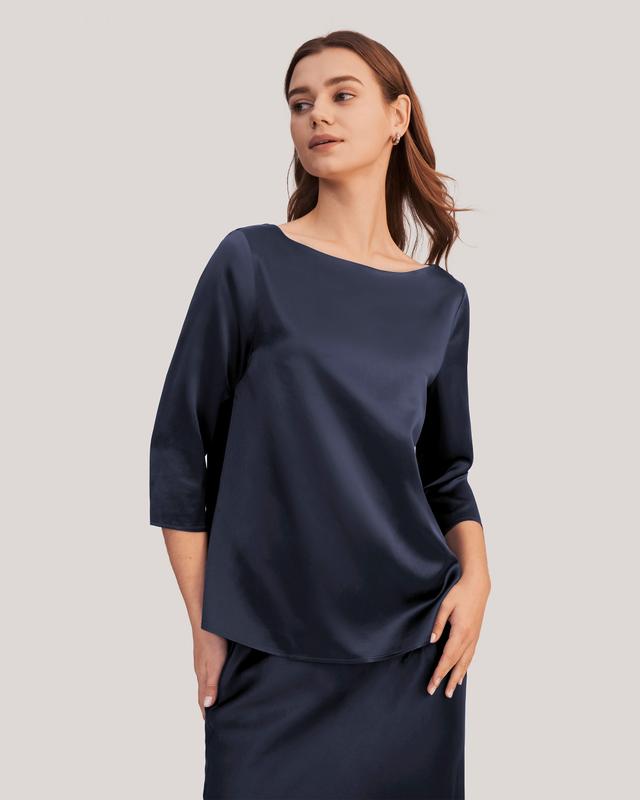 LILYSILK Business Blue Silk Top | Plain | Silk Blouse Women Navy Quality Silk Pure Color Boat Neck 3/4 Sleeve Free of Harmful Chemicals L
