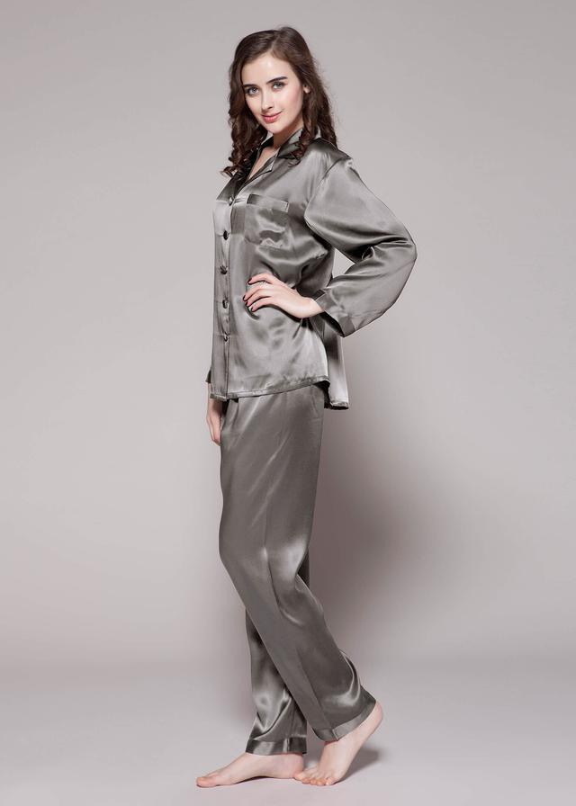 LILYSILK Womens Silk Pyjama Set Dark Grey UK 100% Silk Skin Friendly Button-Down Nightwear XL