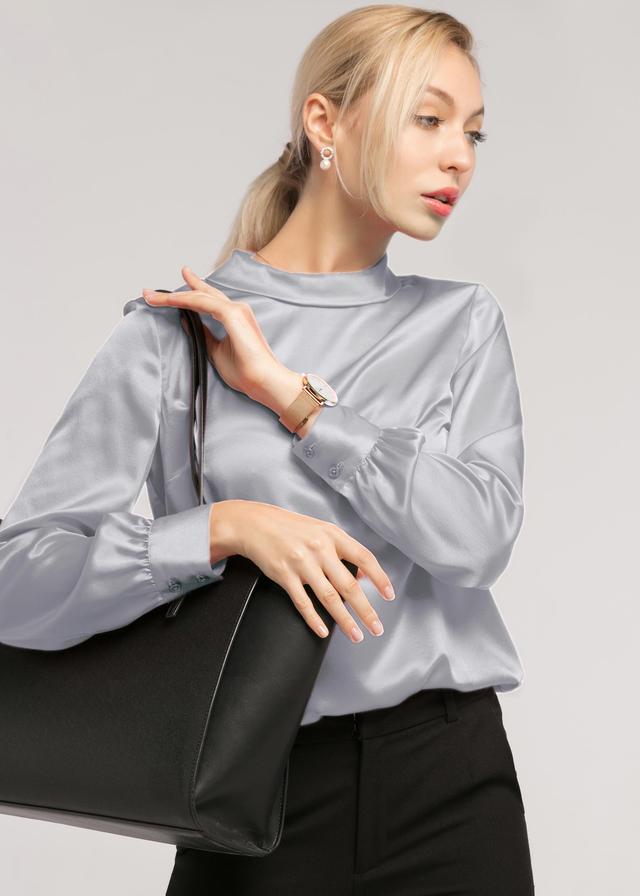 LILYSILK Silk Blouse for Work Women Comfortable Pure Color Soft Long Sleeves Silver L