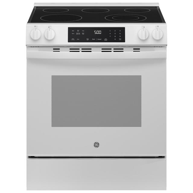 GE 500 Series 30 in. 5.3 cu. ft. Slide-In Electric Range with Radiant Burners - White, Single Oven Ranges | GRS500PVWW | P.C. Richard & Son