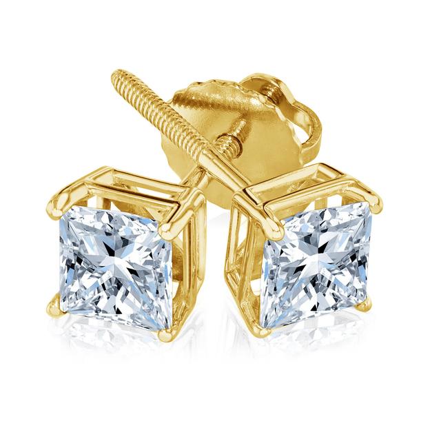 REEDS 3ctw Princess Diamond Solitaire Yellow Gold Stud Earrings