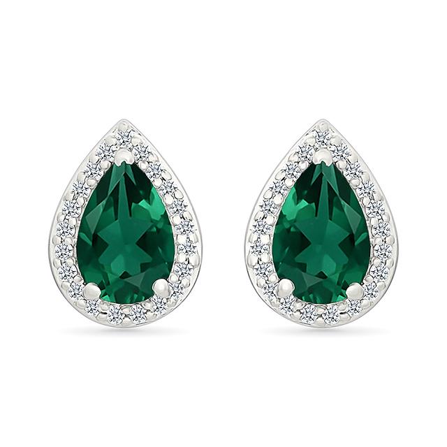 REEDS Created Emerald And Created White Sapphire Halo Sterling Silver Stud Earrings