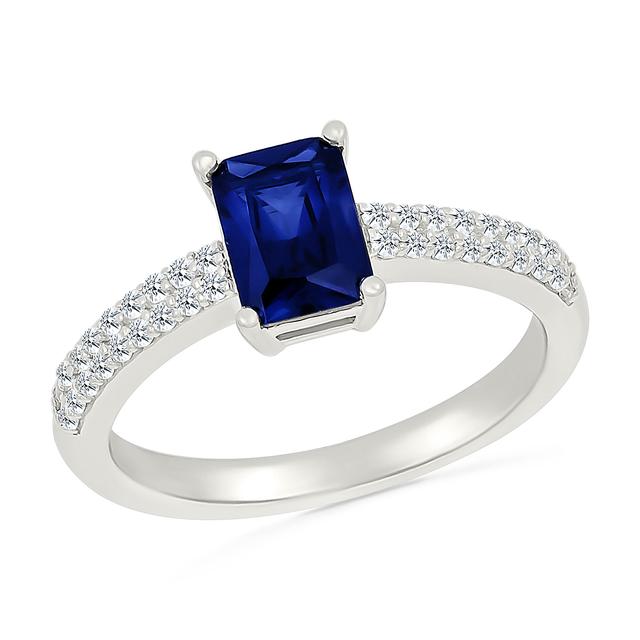 REEDS Women's Emerald-Cut Created Blue Sapphire And Created White Sapphire Sterling Silver Promise Ring - Size 8.5