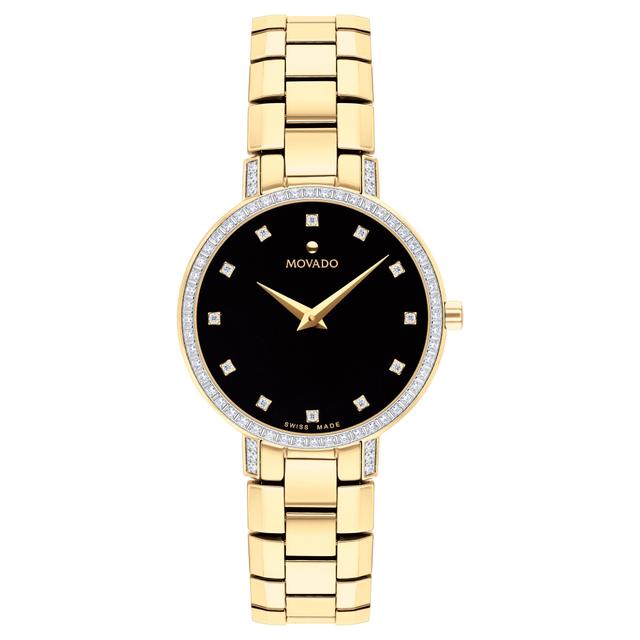 Movado Faceto Diamond Black Dial Yellow Gold-Tone Bracelet Watch | 28mm | 0607644