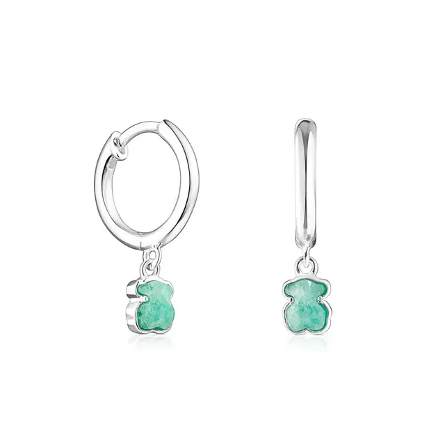 Tous Cool Color Bear Amazonite Sterling Silver Hoop Drop Earrings