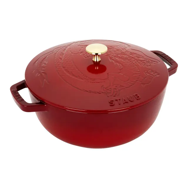 Staub Cast Iron 3.75 qt, Essential French Oven with Dragon Lid, cherry